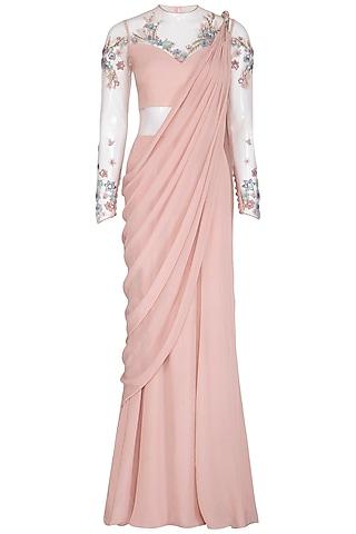 pearl pink floral embroidered saree gown