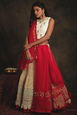 pearl white & auspicious red mesh lehenga set