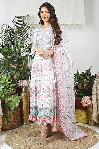 pearl white & flamingo pink georgette printed anarkali set