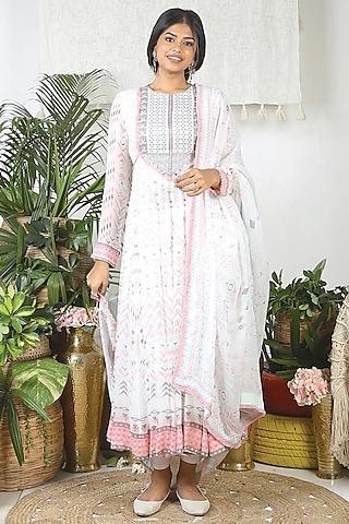 pearl white & pebble grey georgette printed anarkali set