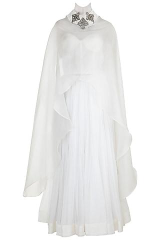 pearl white embroidered long cape with corset & skirt
