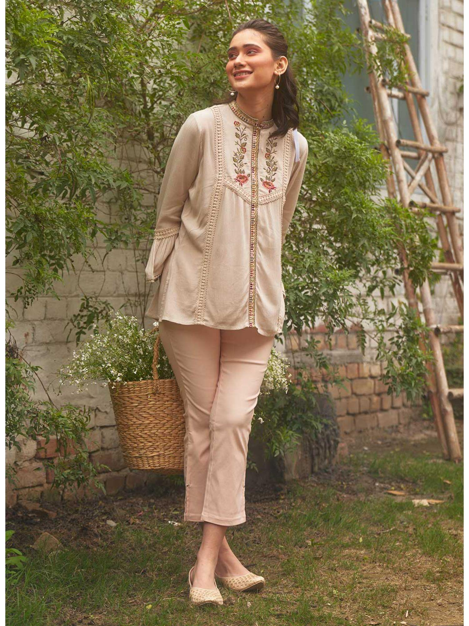 pearl white floral embroidered nargis kurti