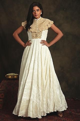 pearl white hand embroidered flared gown