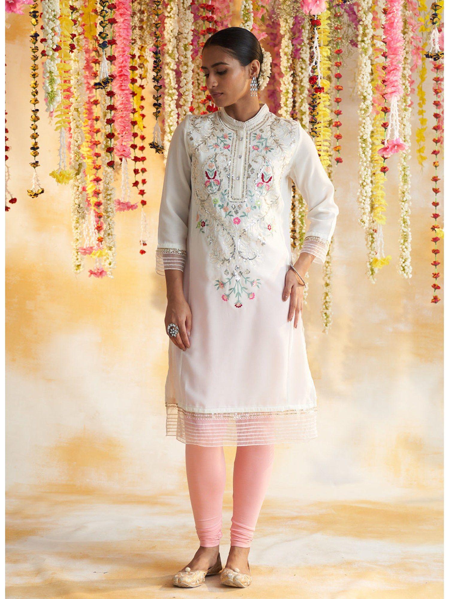 pearl white kurta with embroidery