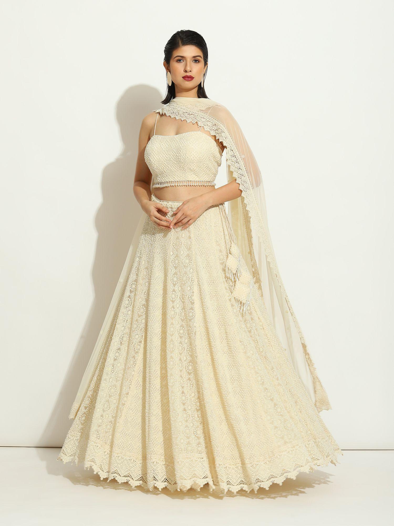 pearl work lehenga in chikankari fabric (set of 3)