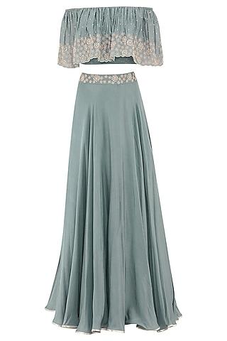 pebble green embroidered off shoulder crop top with skirt set