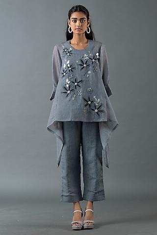 pebble grey & charcoal black japanese quash embroidered tunic set