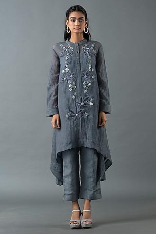 pebble grey japanese quash floral embroidered tunic set