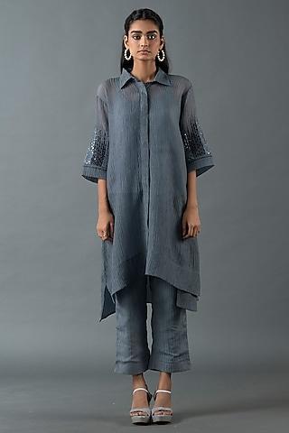 pebble grey japanese quash hand embroidered tunic set