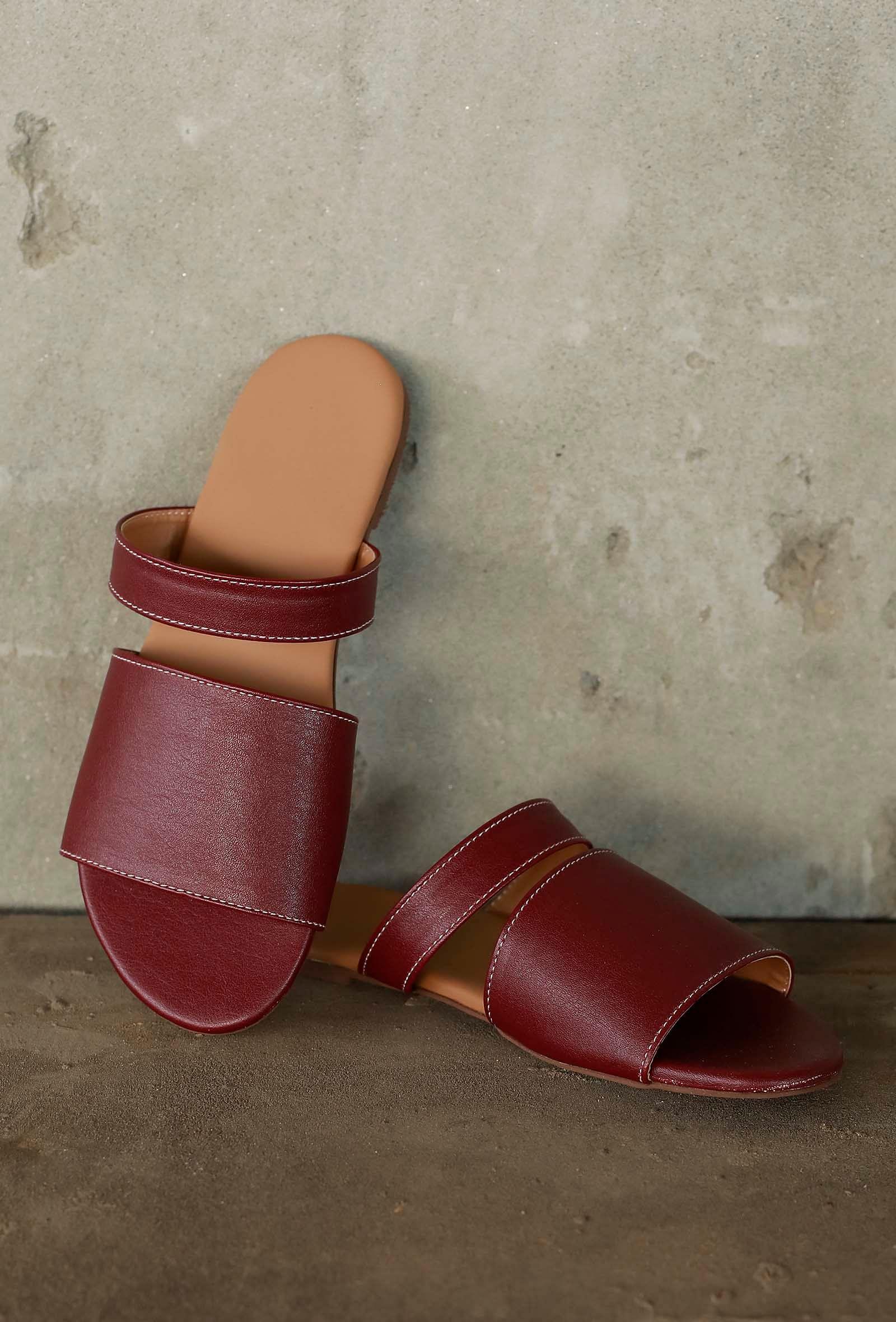 pecan brown cruelty free leather sliders