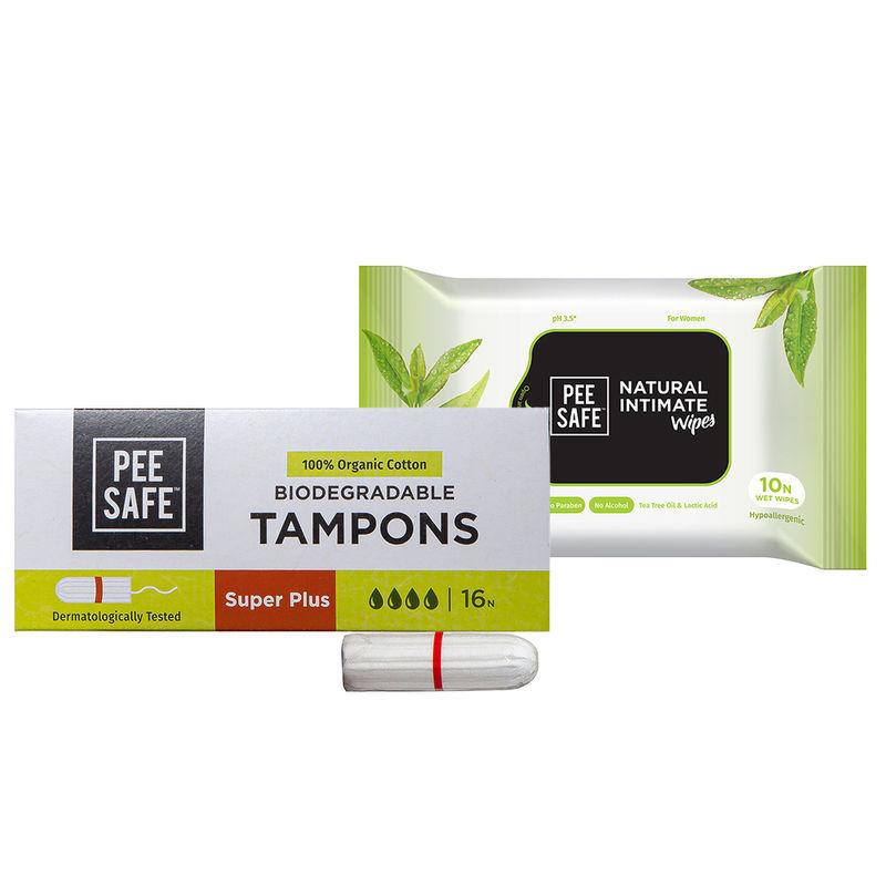 pee safe combo of tampons (super plus) and intimate wipes (pack of 10 wipes)