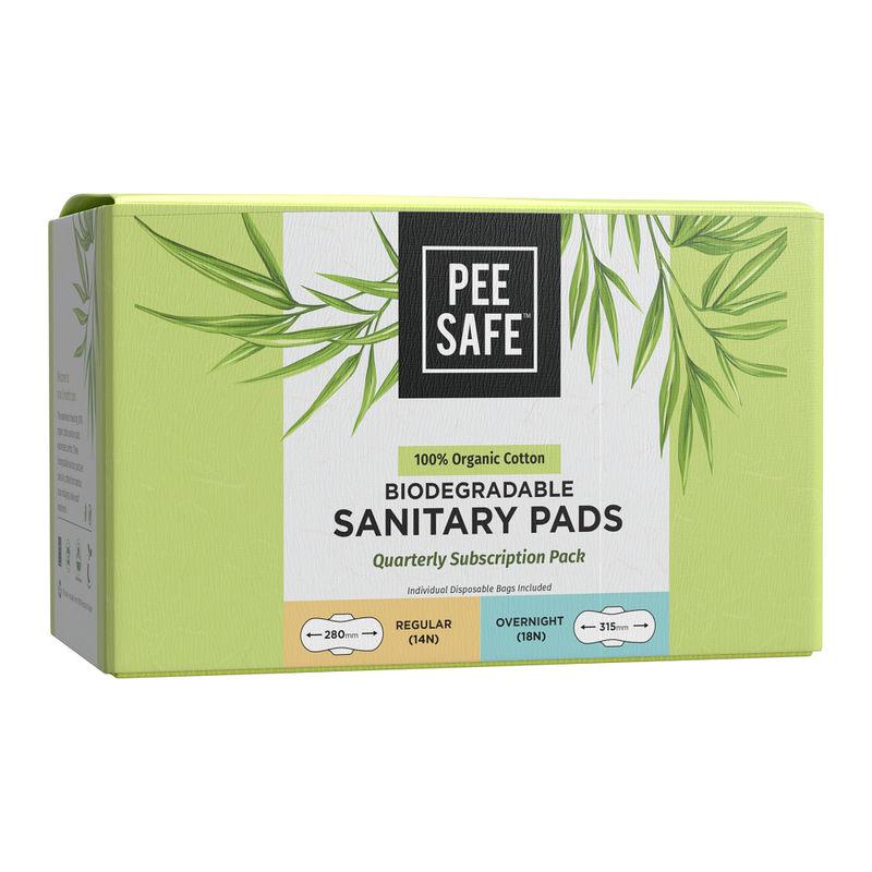 pee safe 100% organic cotton sanitary pads quarterly pack (14 regular pads & 18 overnight pads)