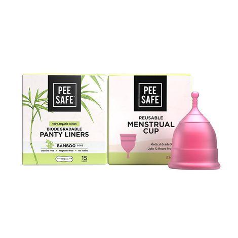 pee safe menstrual cup (small) & bio panty liners combo for women | 100% biodegradable panty liners and fda approved silicone menstrual cup gives you extra comfort and long lasting protection | menstrual hygiene