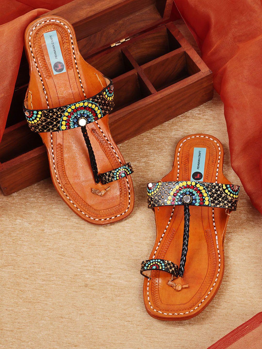 pehnawacraft embellished leather ethnic one toe flats