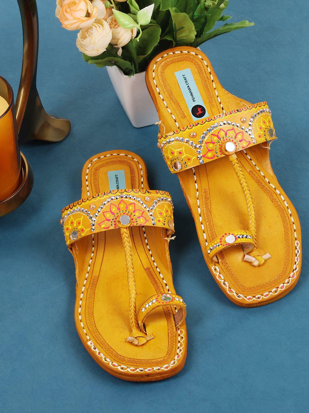 pehnawacraft ethnic embellished leather one toe flats