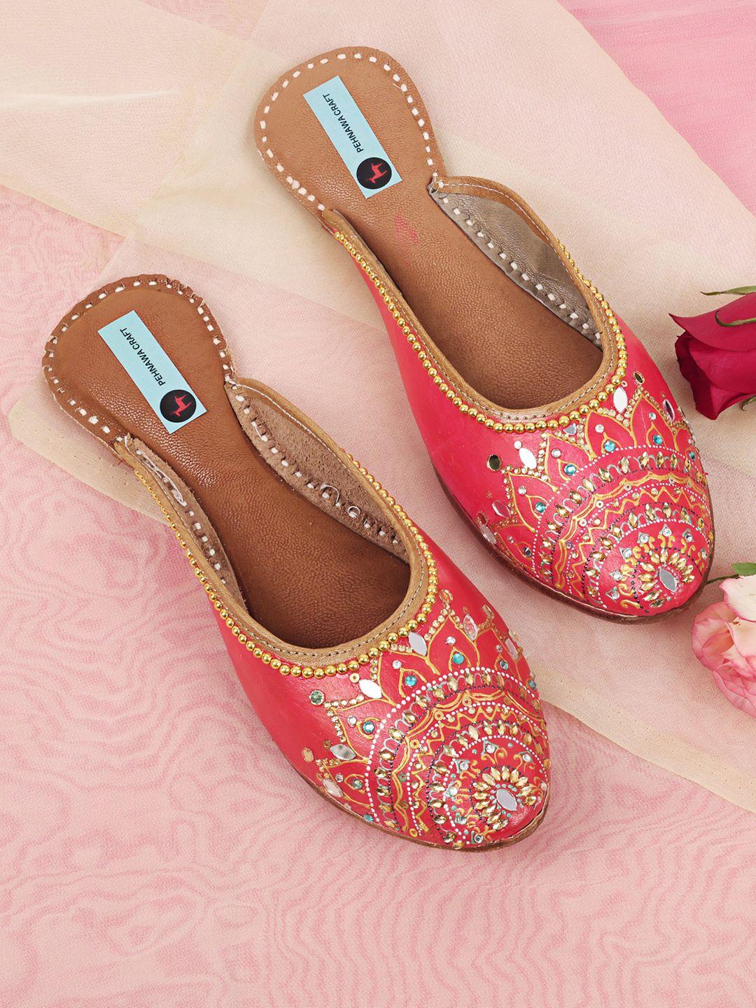 pehnawacraft printed embellished leather mules