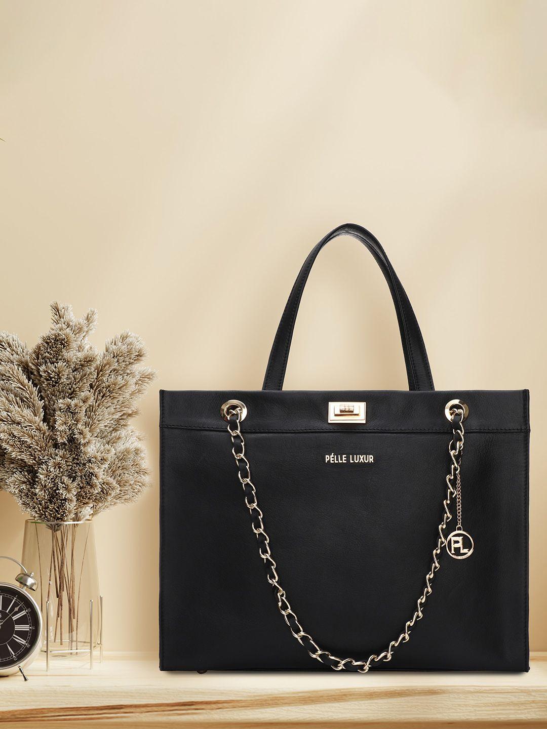 pelle luxur black leather oversized structured handheld bag