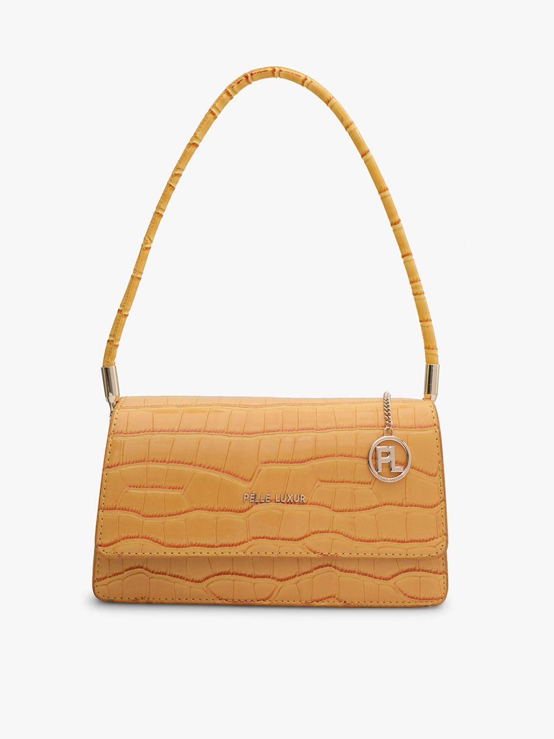 pelle luxur mustard textured pu shopper shoulder bag with cut work