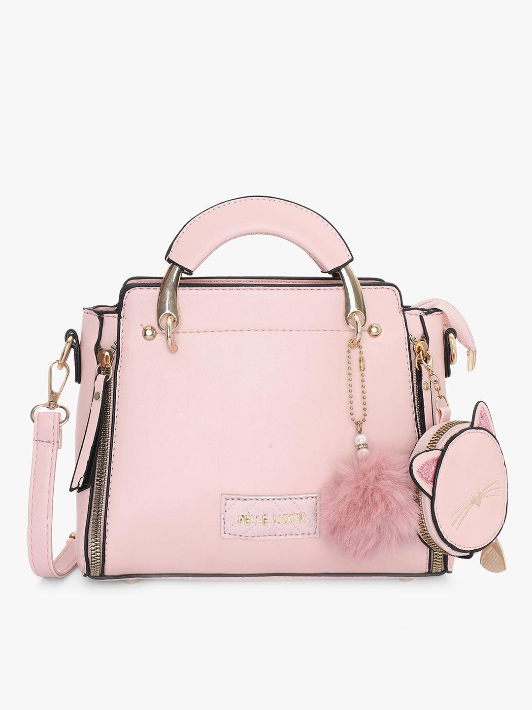 pelle luxur pink pu structured handheld bag with tasselled