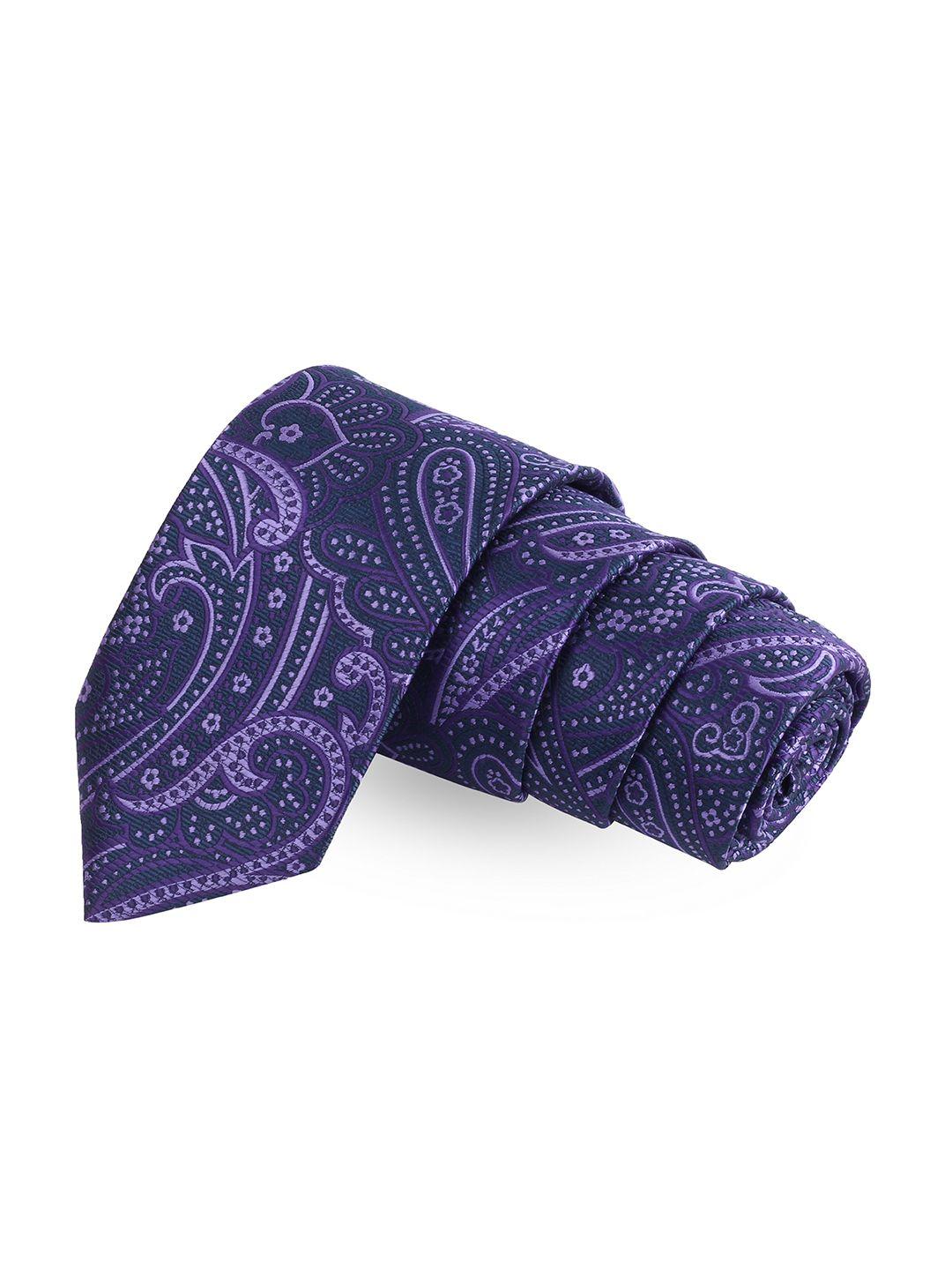 peluche men purple printed broad tie with lapel pin & collar stand