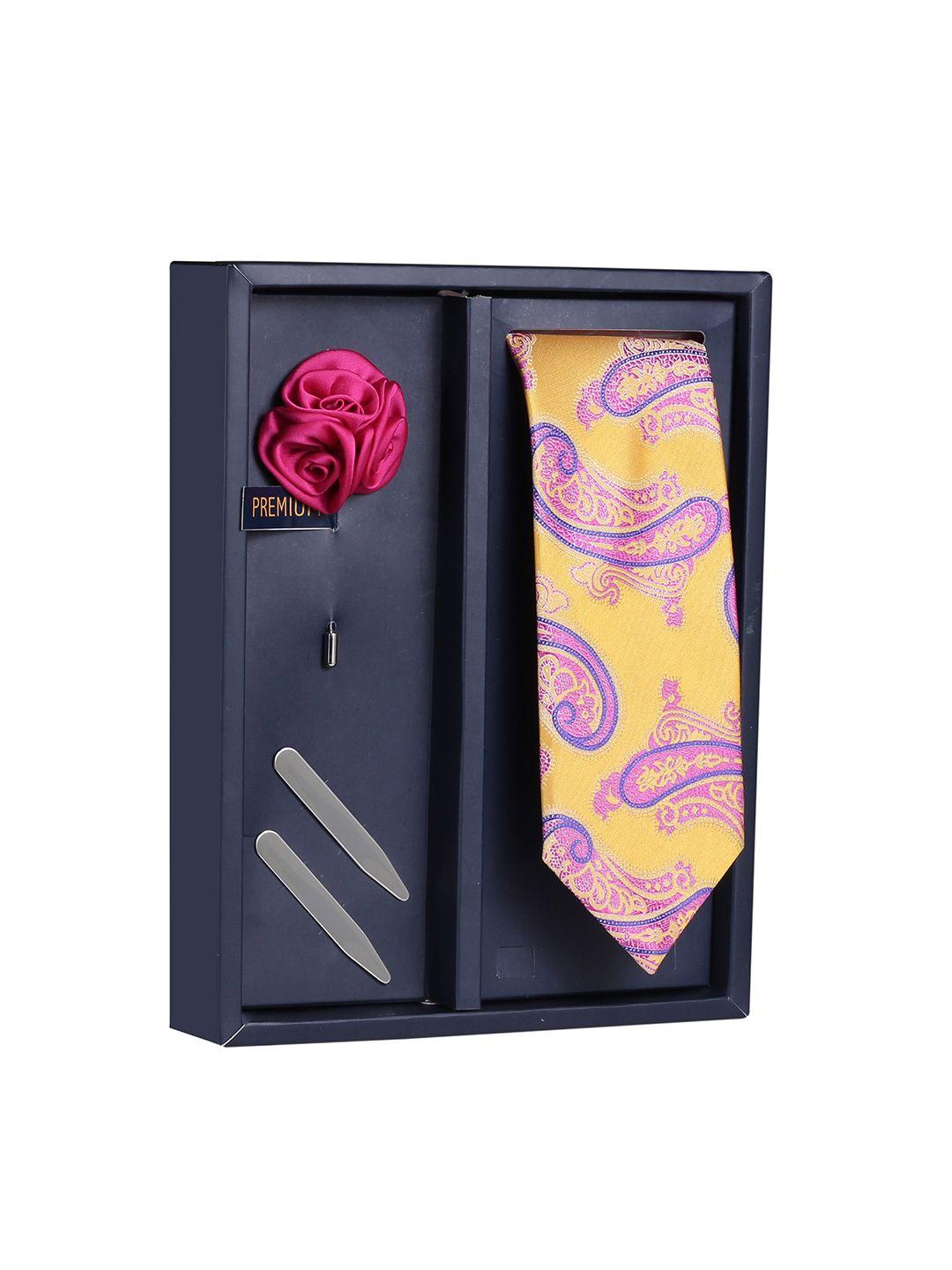 peluche men yellow & purple woven design broad tie  with brooch & collar stay