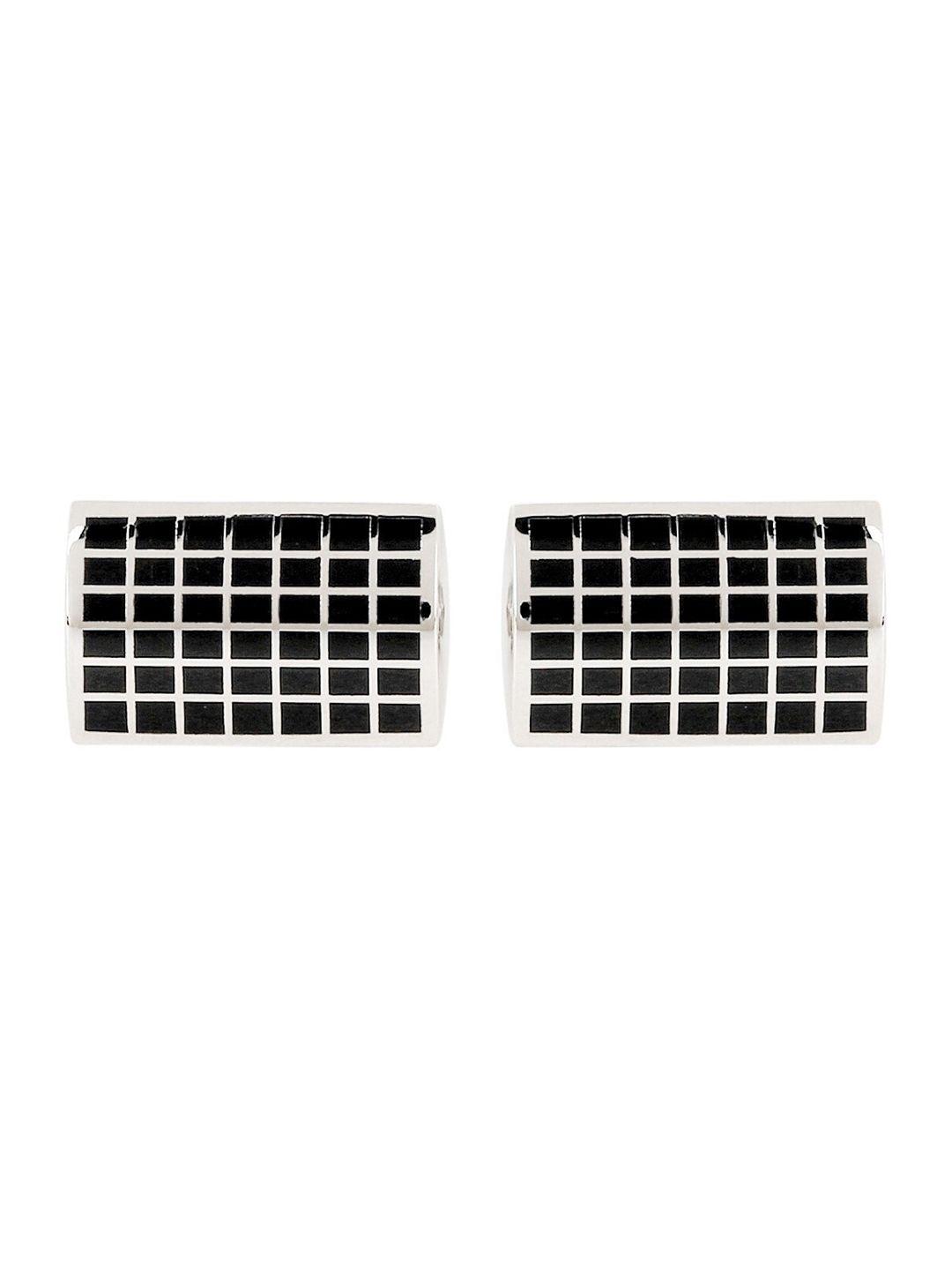 peluche black & silver-toned enamel checked rectangle cufflink