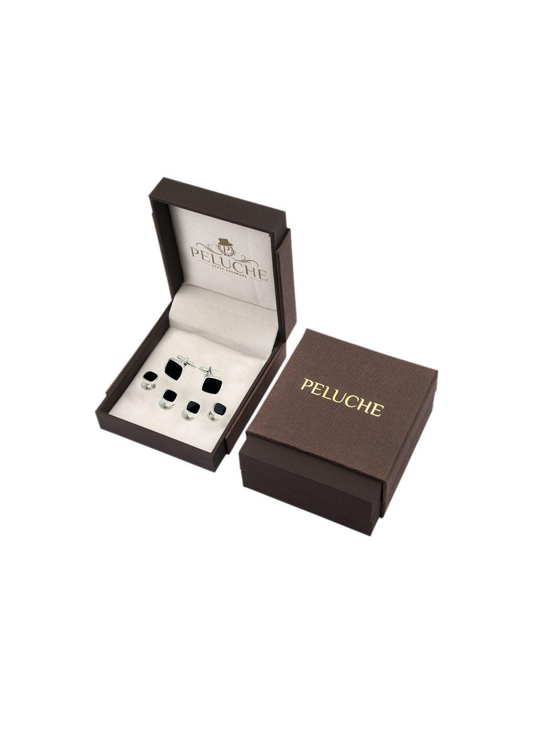 peluche black & silver-toned onyx stone studded cufflink and stud gift set