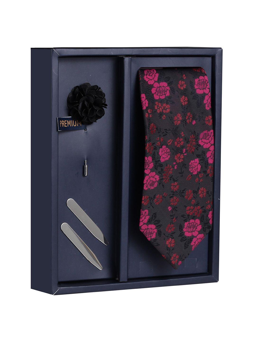 peluche men black & pink woven design broad tie with brooch & collar stay