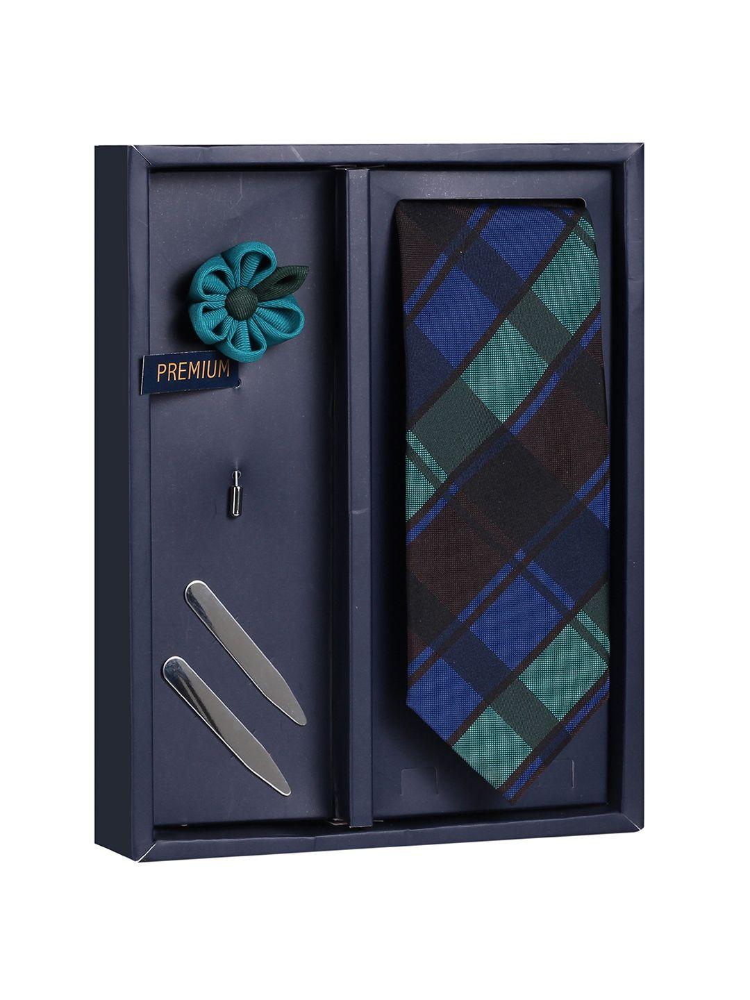 peluche men blue & green checked broad tie with brooch & collar stay