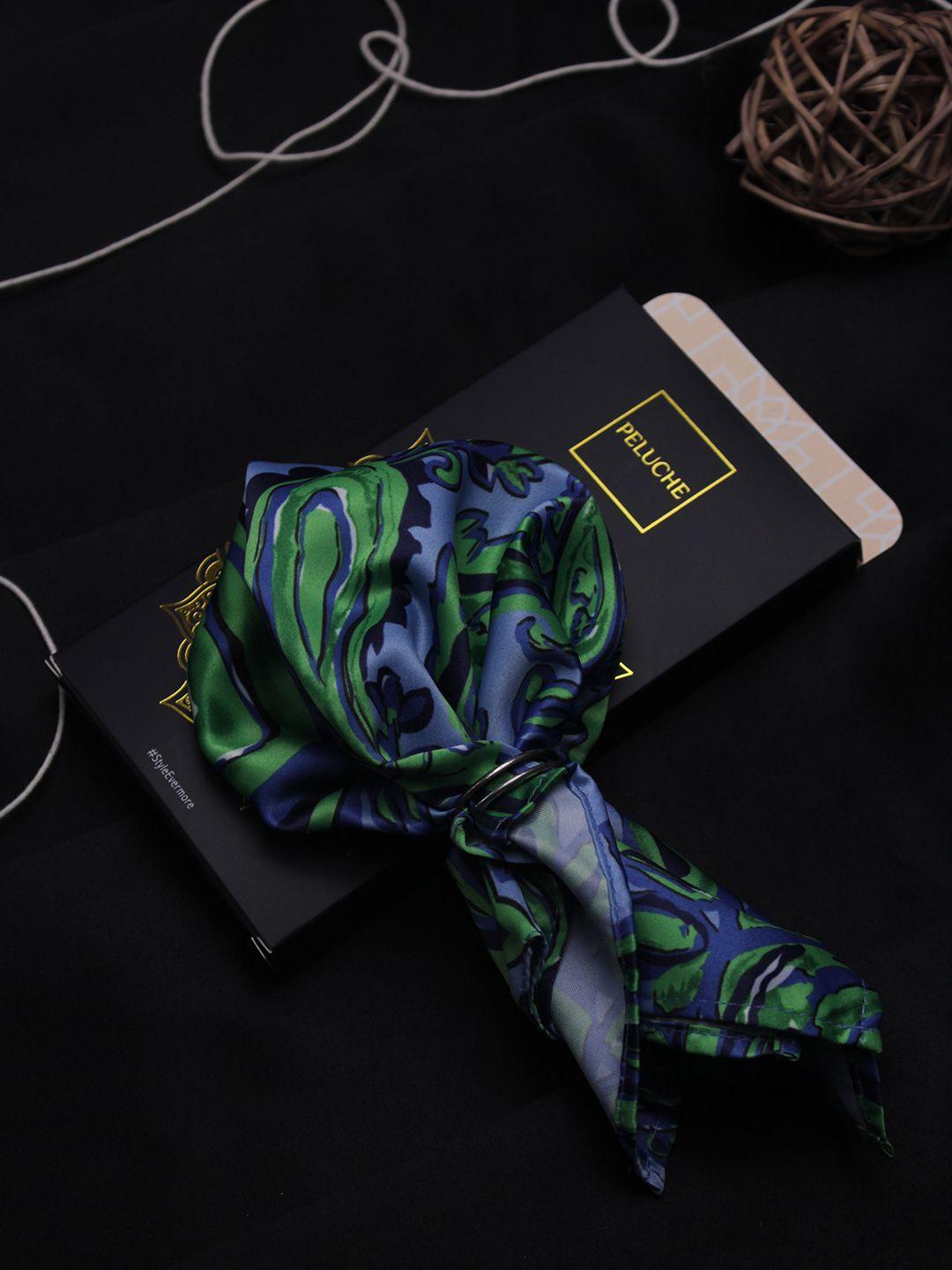 peluche men blue & green printed pure cotton pocket square