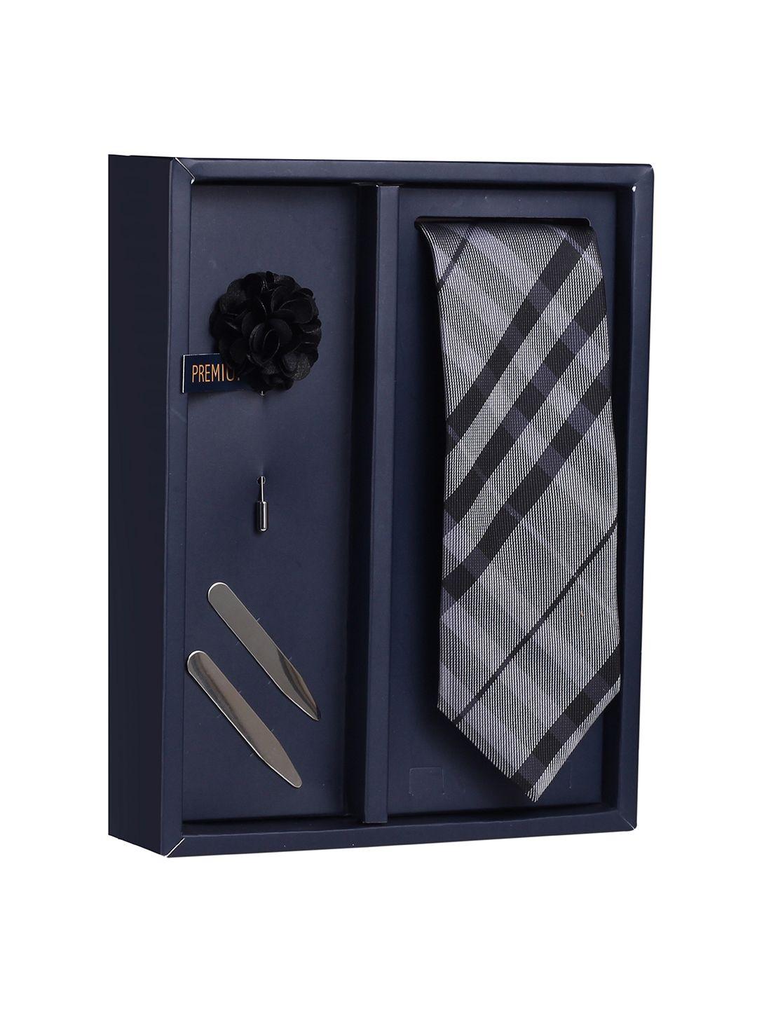 peluche men grey & black checked broad tie  with brooch & collar stay