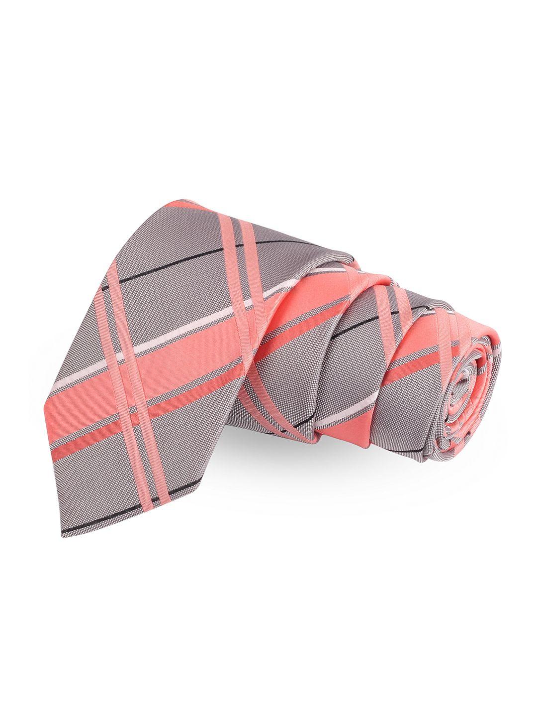 peluche men grey & peach-coloured checked broad tie with brooch & collar stay