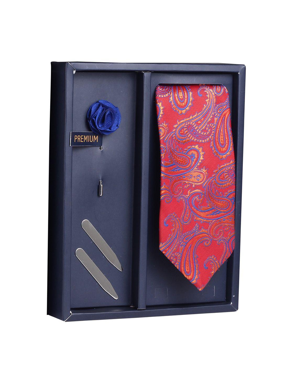 peluche men maroon & blue woven design broad tie with brooch & collar stay