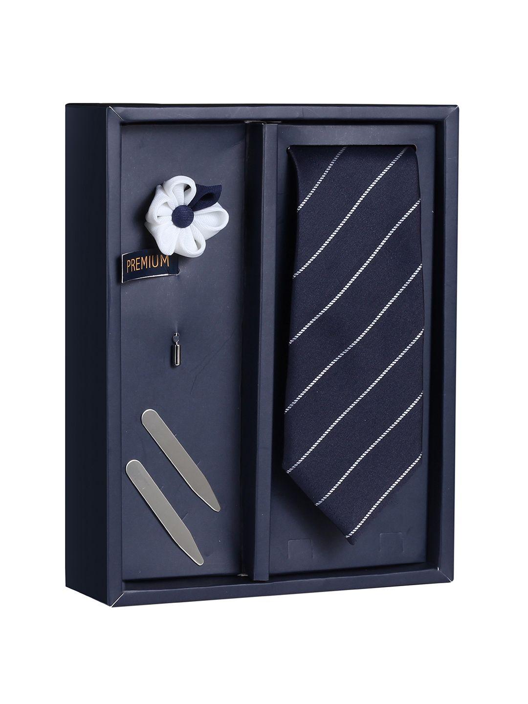 peluche men navy blue & white tie with lapel pin & collar strays gift set