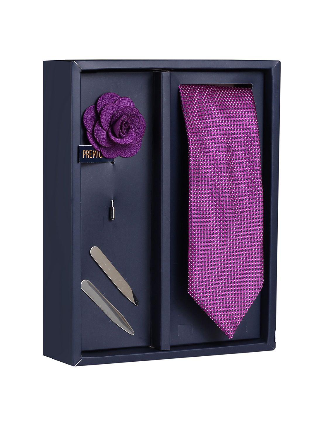 peluche men purple gift set of neck tie with lapel pin & collar strays