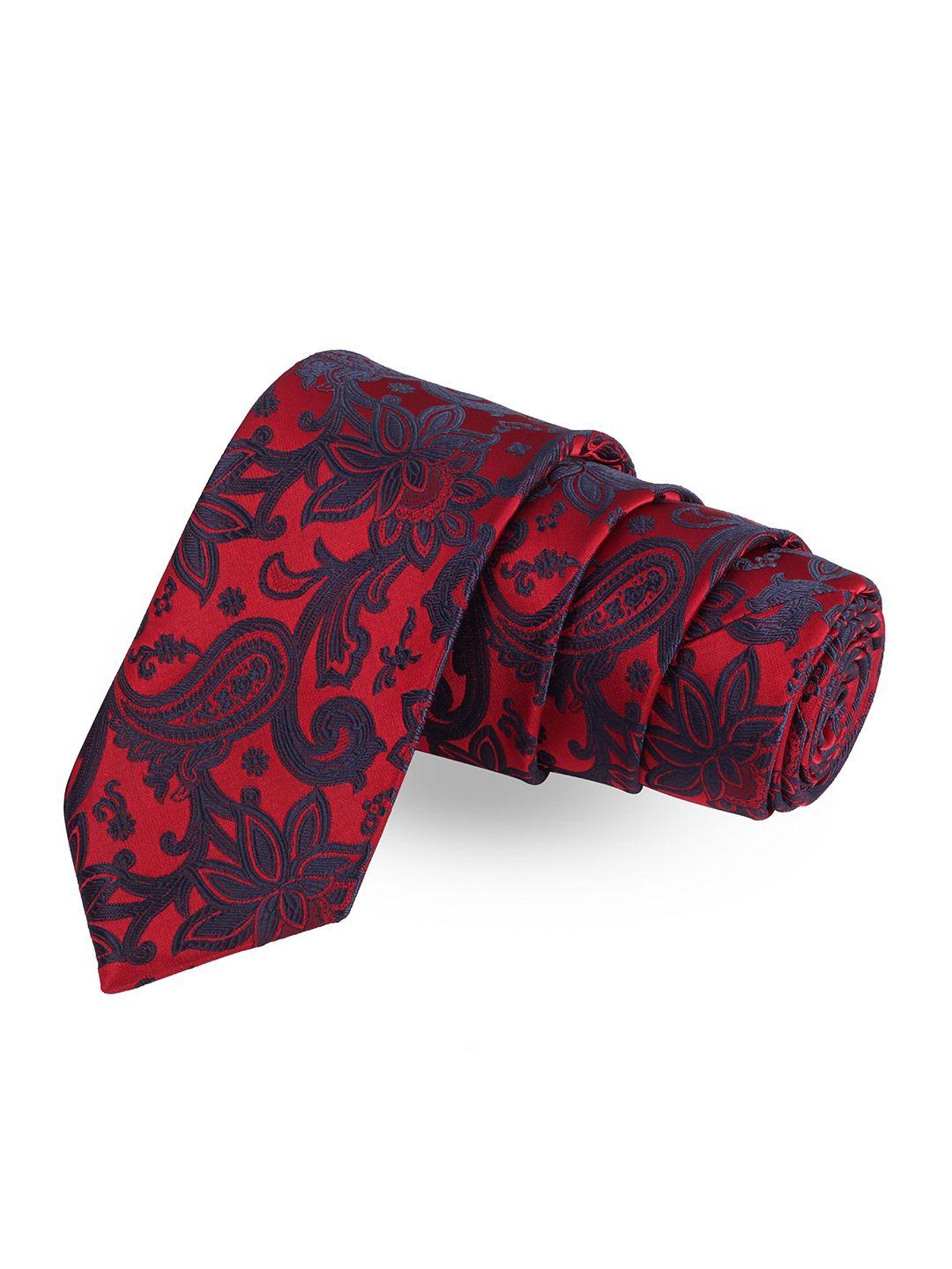 peluche men red & black woven design broad tie with brooch & collar stay