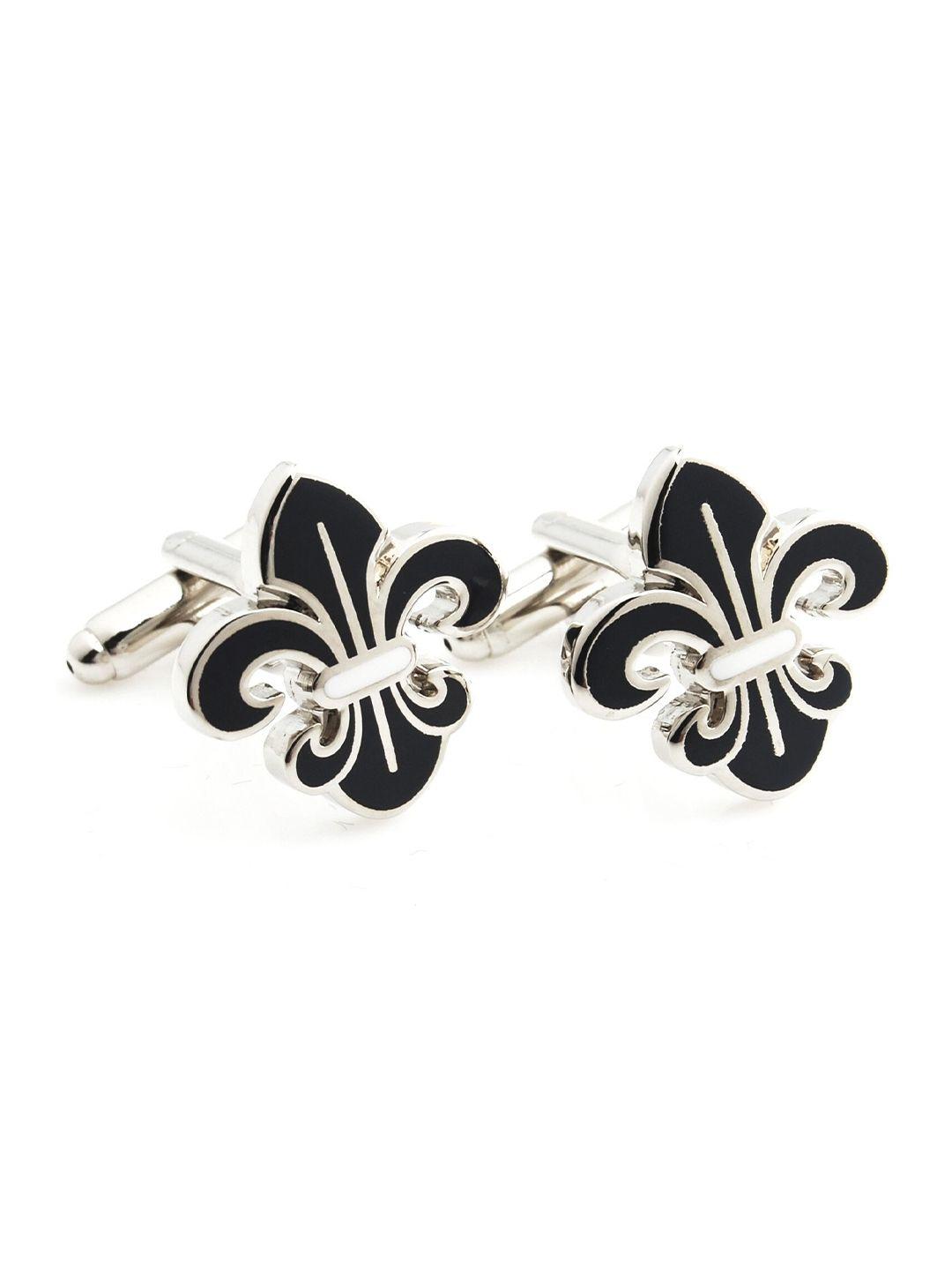 peluche men silver-toned & black floral cufflink