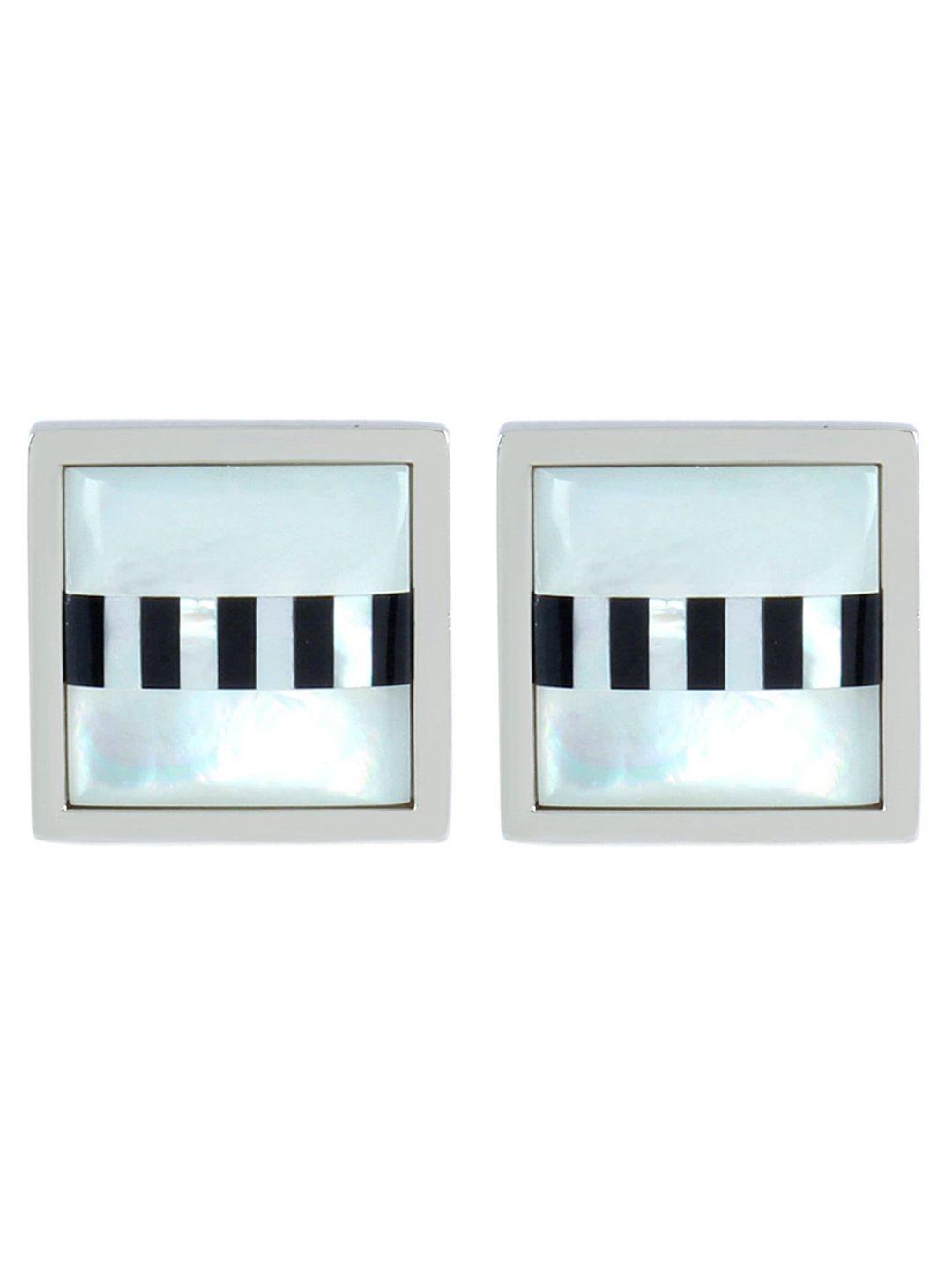 peluche men silver-toned & black striped square cufflinks