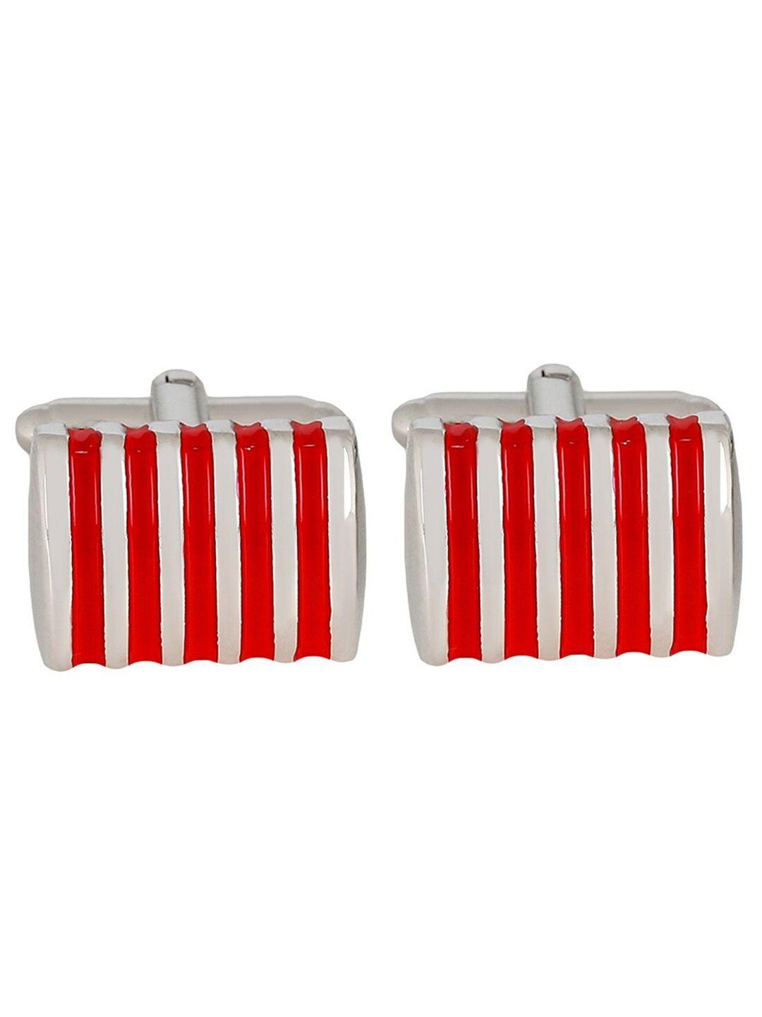 peluche red & silver-toned enamel striped square cufflink