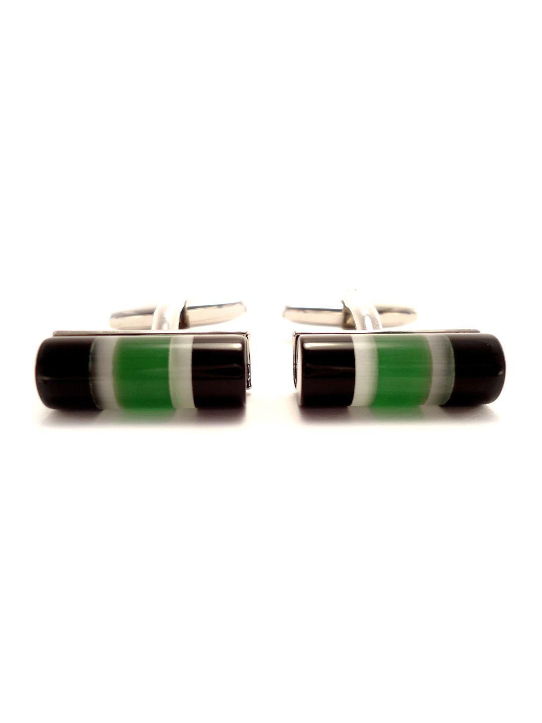 peluche silver-toned & black cylindrical frameless stone cufflink