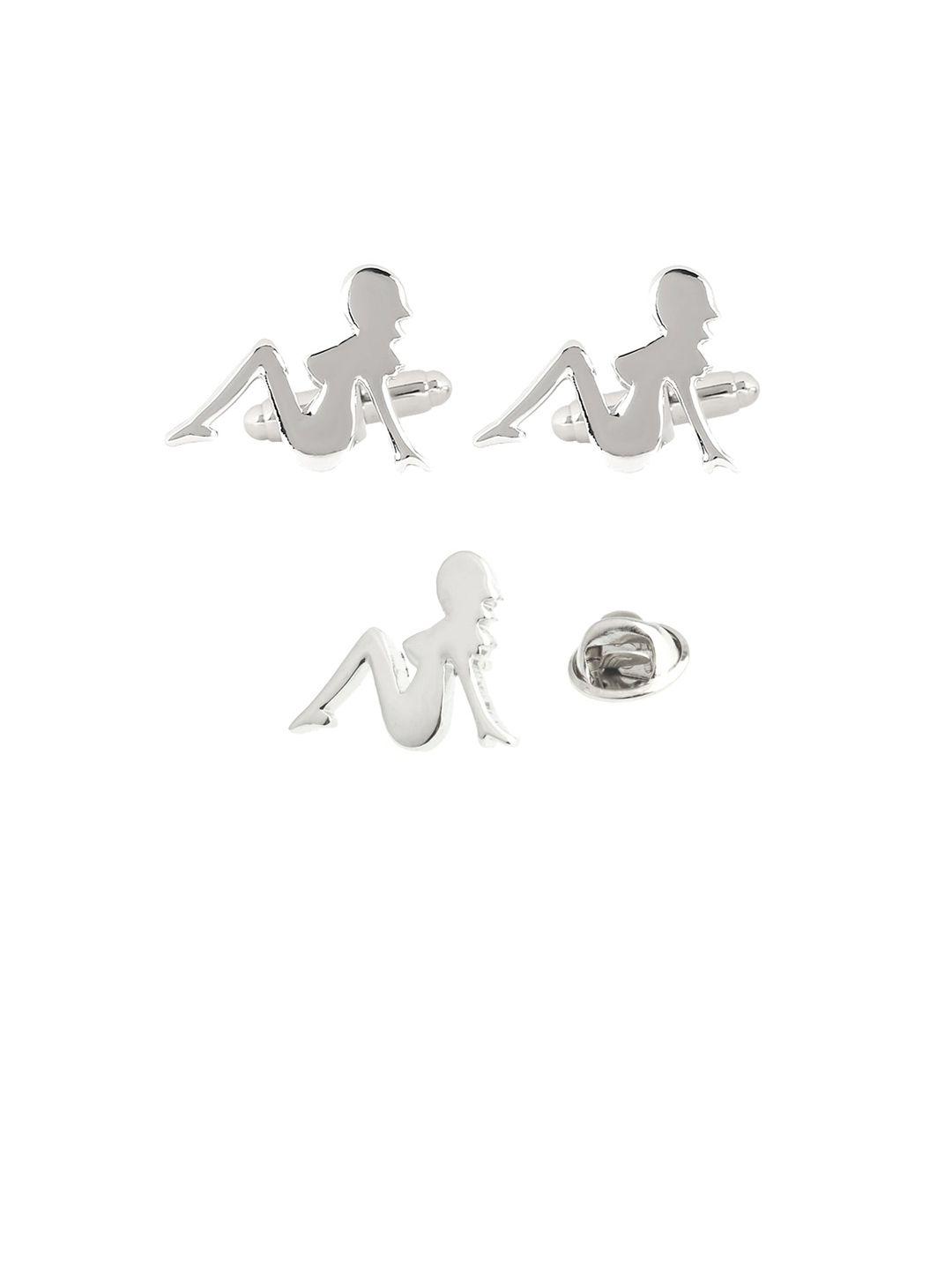 peluche unisex silver toned  rhodium plated sexy diva cufflink & lapel pin gift set