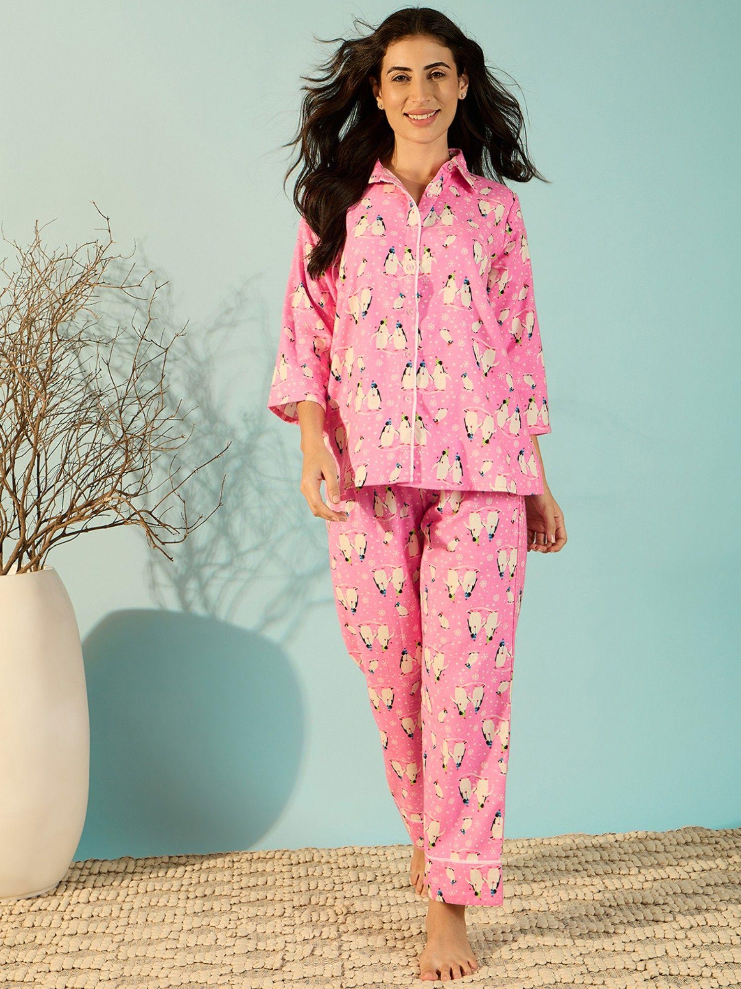 penguin in pink flannel soft shirt and pyjama (set of 2)