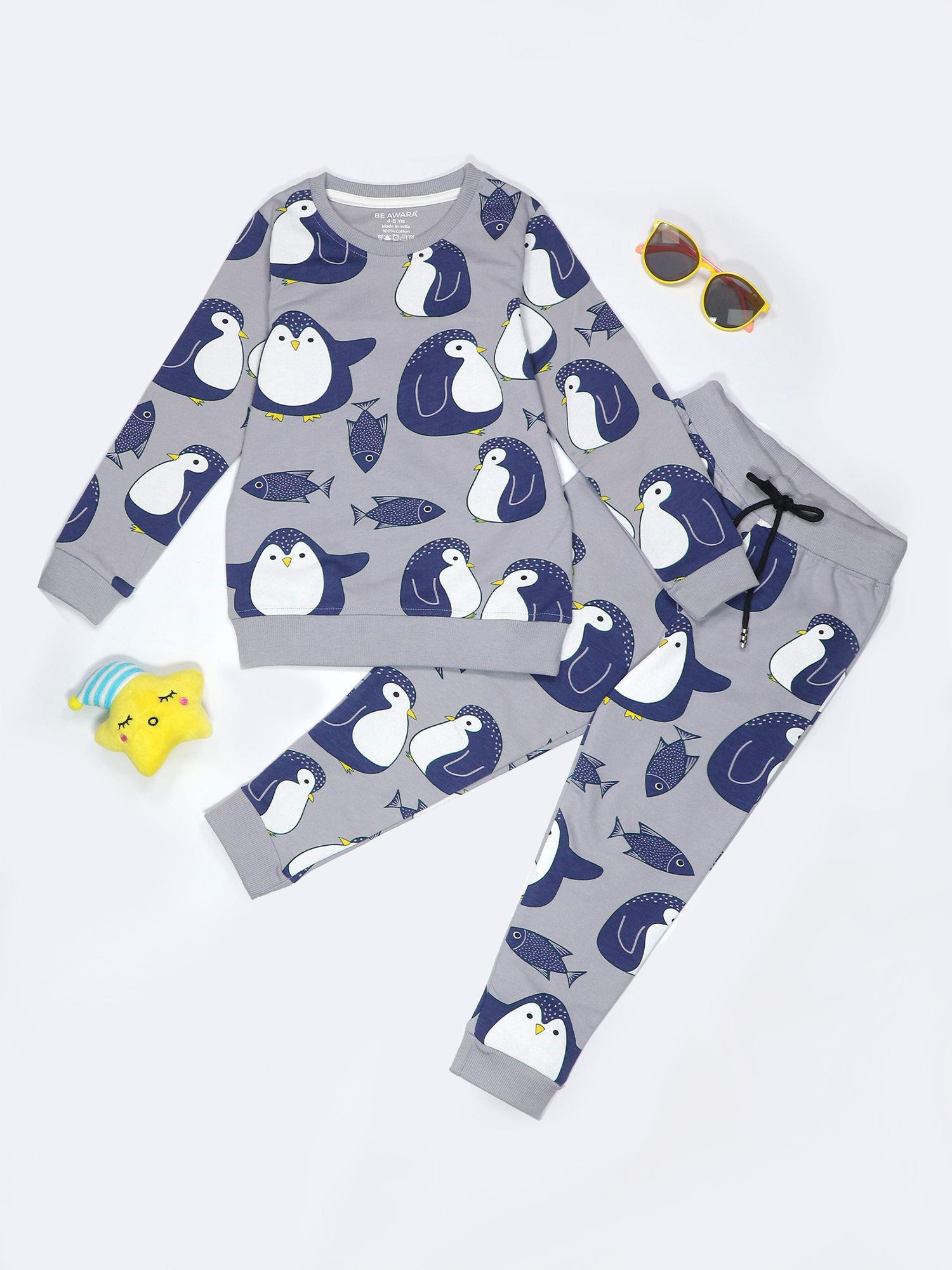 penguin pattern kids sweatshirt & joggers grey (set of 2)
