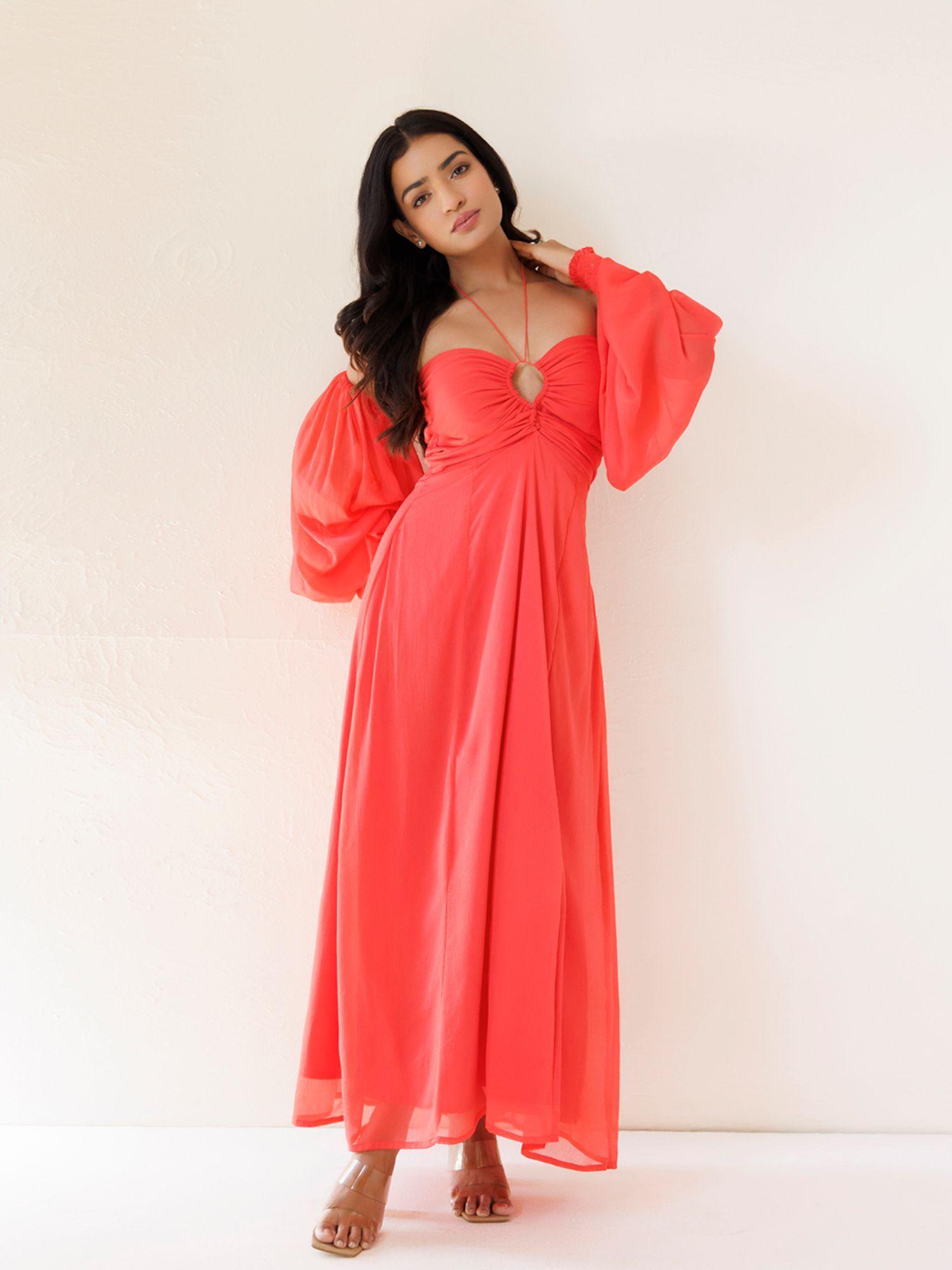 peony coral chiffon maxi dress with pair of sleeves (set of 2)