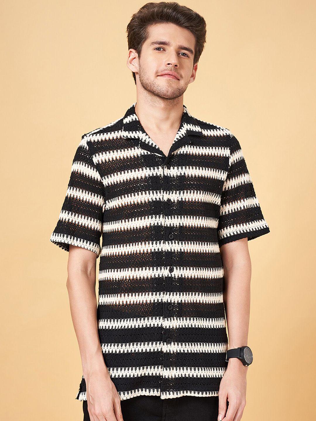 people black & white striped crochet regular fit casual shirt