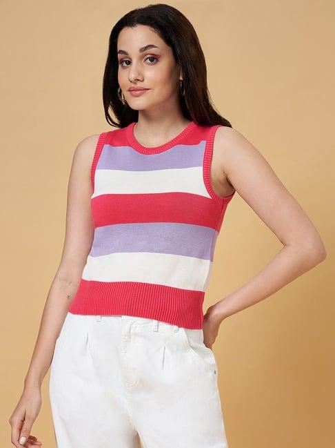 people by pantaloons pink & white cotton color-block top