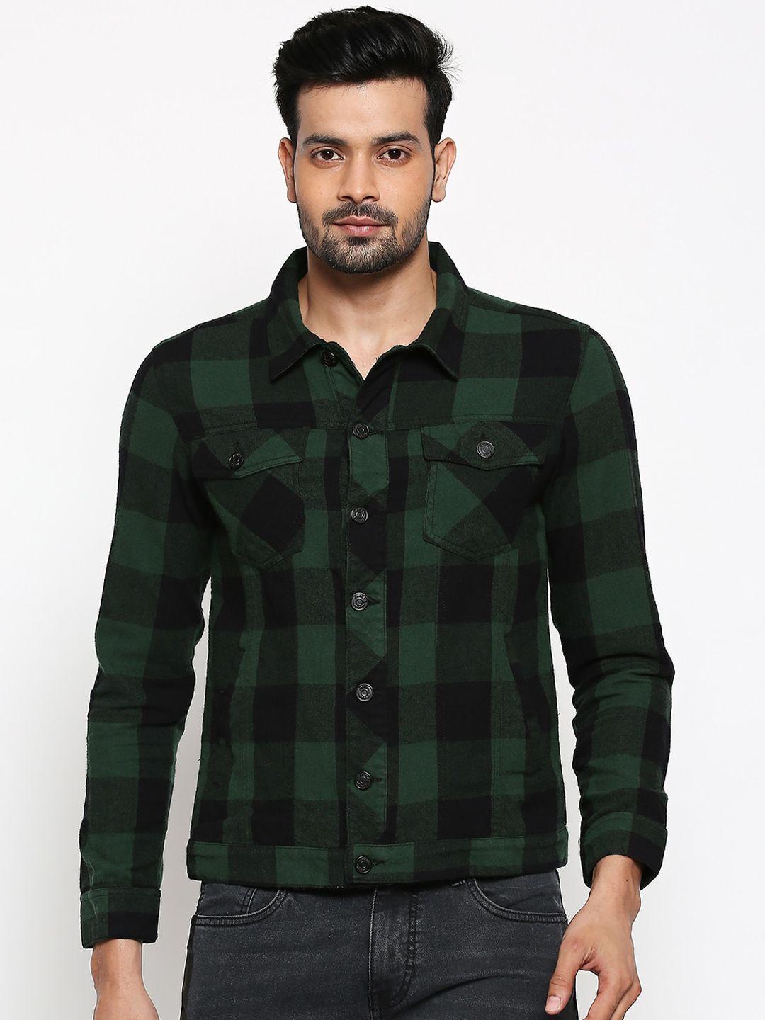 people men green & black regular fit checked cotton casual shirt