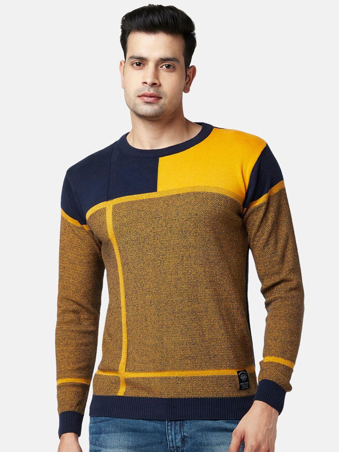people men yellow & navy blue colourblocked pullover