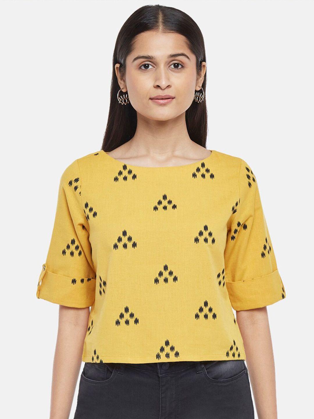 people mustard yellow & black geometric print top