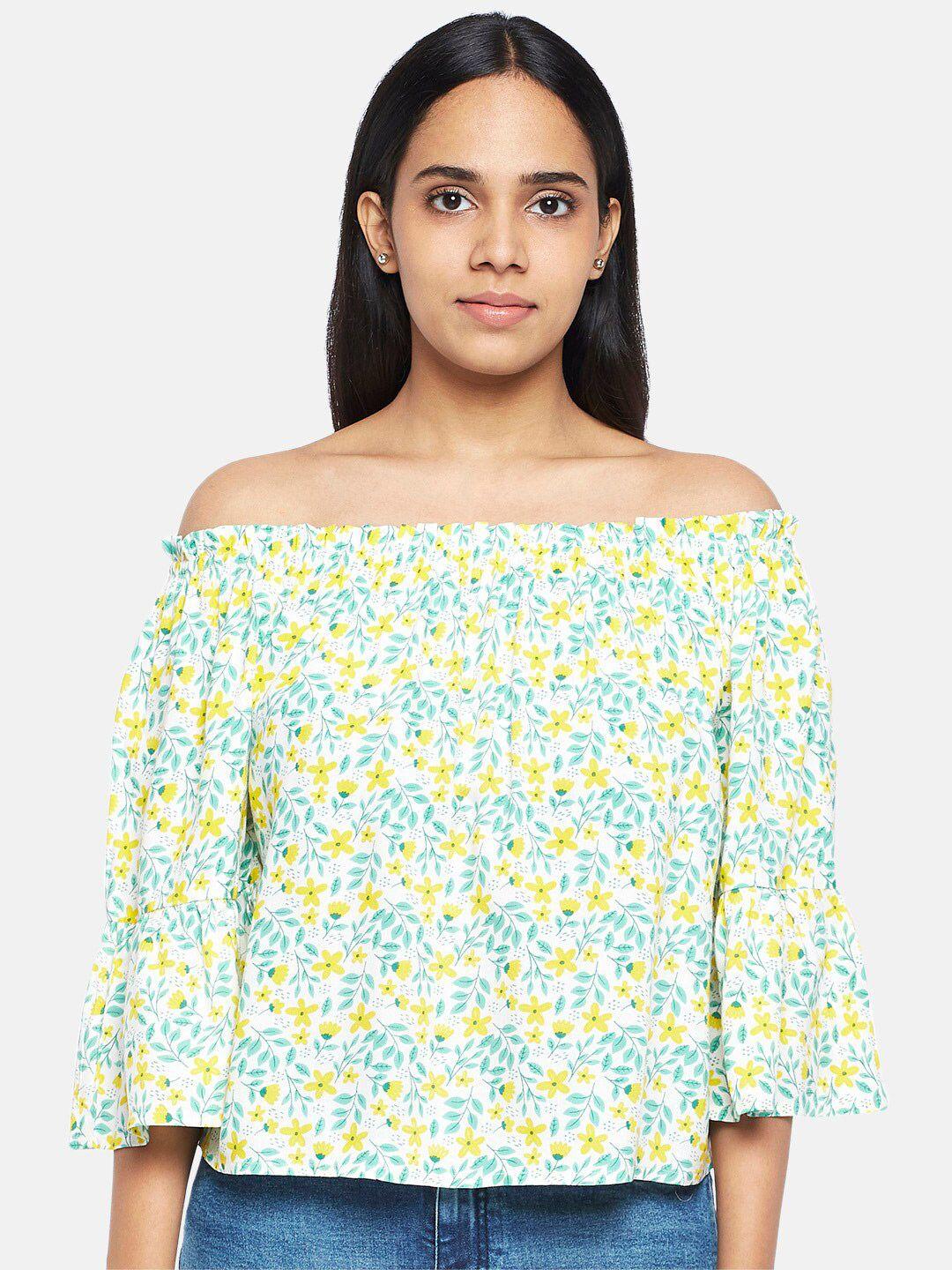 people off white & yellow floral printed off-shoulder bardot top